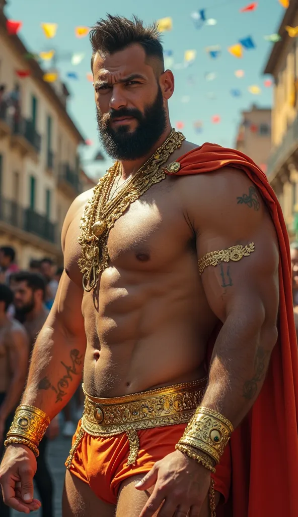 photo realistic Espectacular realista hombre brasileño hdr handsome y  muscular sexy, big biceps at a carnival, parading, el hombre handsome y con un penacho grande y espectacular de plumas grandes y largas color malva en la cabeza, As in the carnival in R...