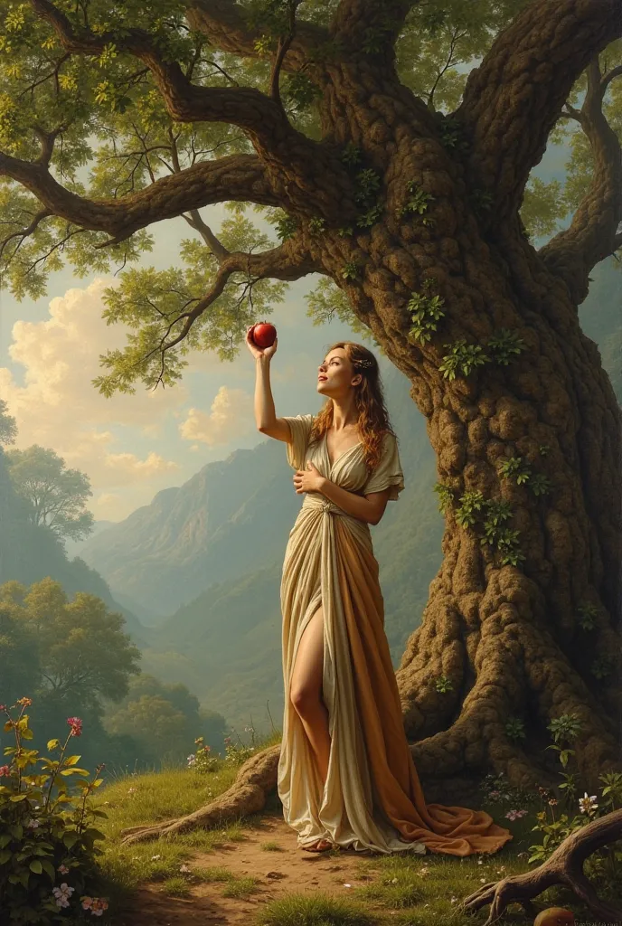 Eve in front of a big tree biting an Apple at the beginning of the Creation of humanity Eve was the First Woman that God Created in the world.