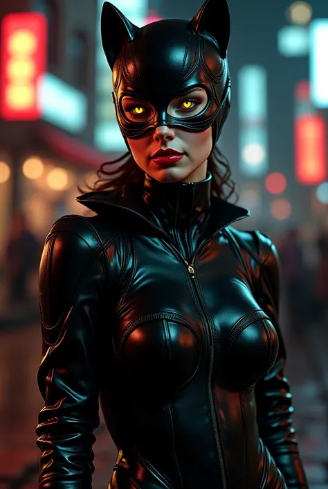 Sexy Catwoman, Catwoman mask, bright yellow eyes, glossy black latex costume, , botas de tacón alto, Catwoman, Expresión  seductivea, mysterious,  seductive, Femme Fatale Vibes, cinematic lighting, sombras oscuras, intense colors, HIGH CONTRAST, sensual at...