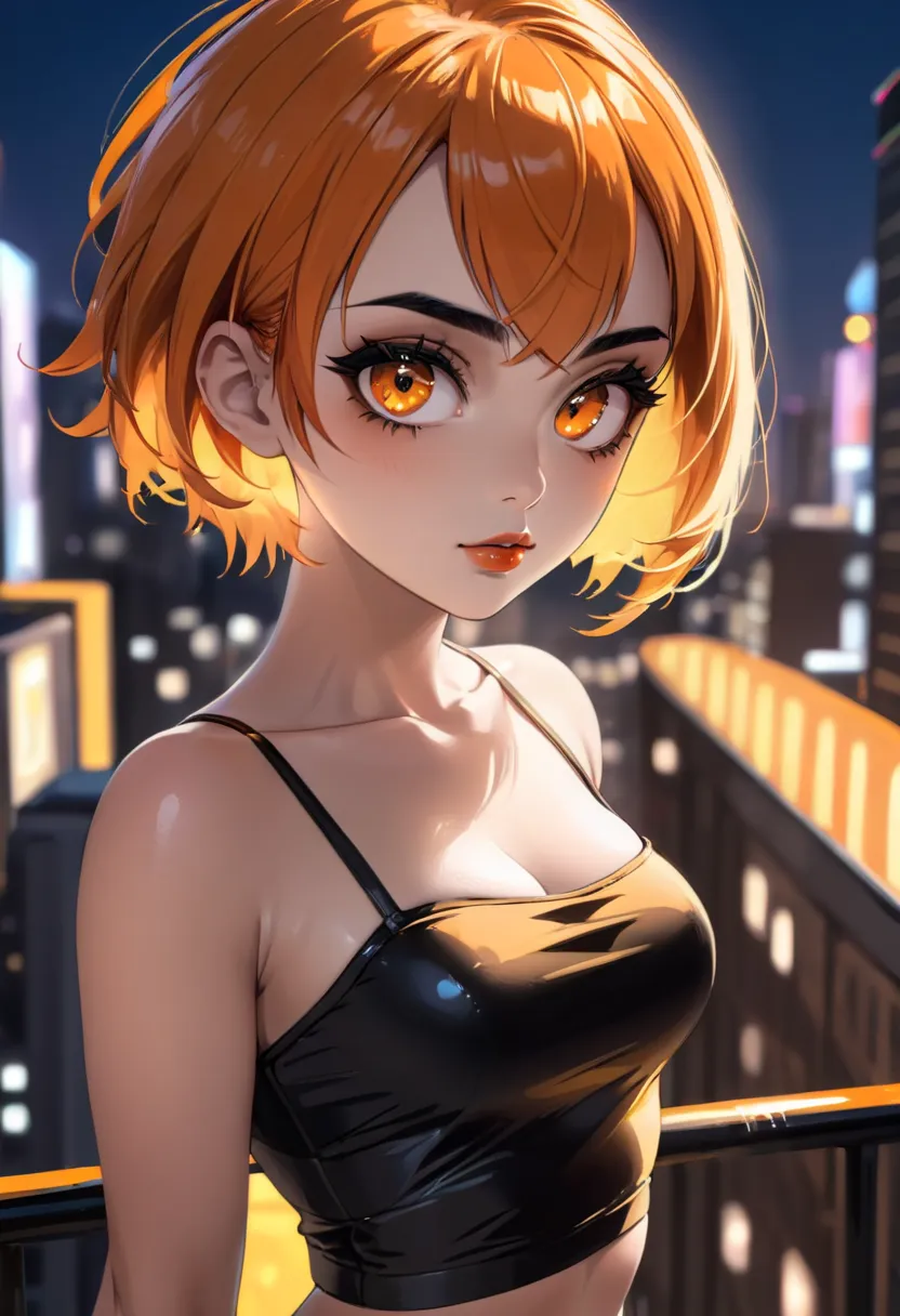 (cityscape:1.3), 1girl, ((short hair)), ((orange hair)), ((black eyebrows, thick eyebrows)), ((glowing golden eyes)), ((big eyes)), ((thick lipstick)), ((perfect face, beautiful girl)), ((muscular female)), (tube top, black tube top), from side, looking at...