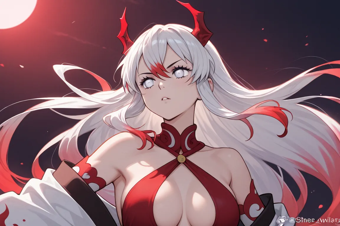 1 girl with white hair with red locks and silver eyes she is a sexy demon slayer she has red horns white hair with red locks she is fighting against a demon 