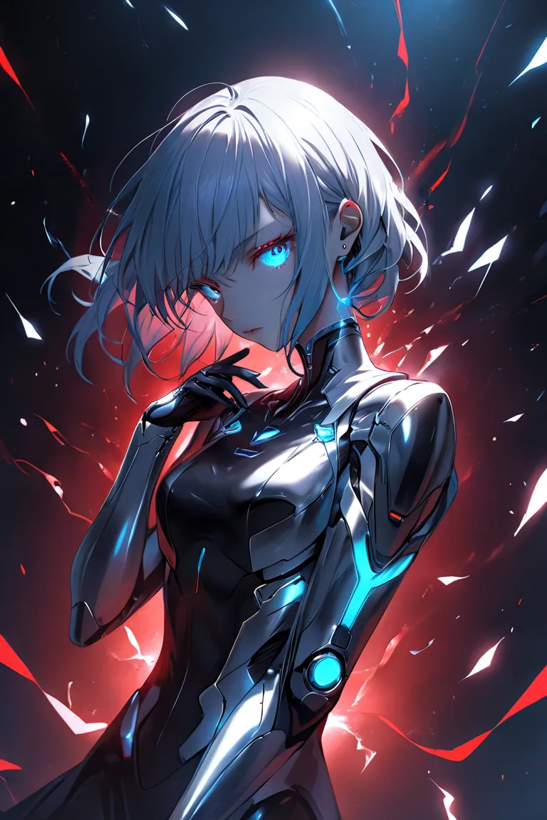 A futuristic robot girl with sleek, chrome-like metallic skin and subtle human features. She has one eye glowing neon-blue and the other neon-red, symbolizing her dual personalities. Her posture is slightly tense, as if she’s caught in a constant internal ...