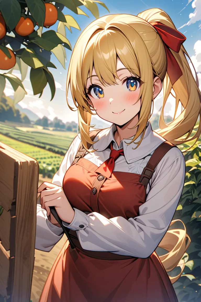 Golden Hair　tall ponytail　大きなblueリボン　Beautiful Girl　smile　 bright　blouse　 Long Sleeve　red ribbon tie　blue　fantasy style　　Beautiful Girl一人　highest quality　Farmer　Beautiful Girl一人