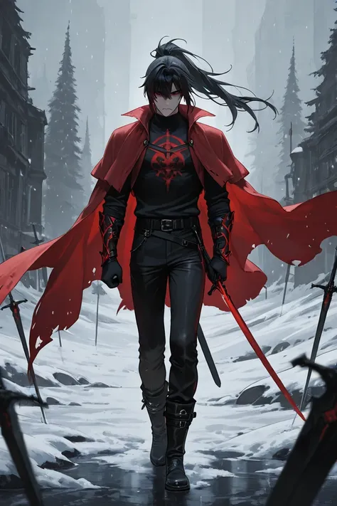 1male. black_hair, long_ponytail, cold_face, crimson_eyes, black_shirt, black_pants, black_boots, red_short_cape, black_sword, best quality, masterpiece