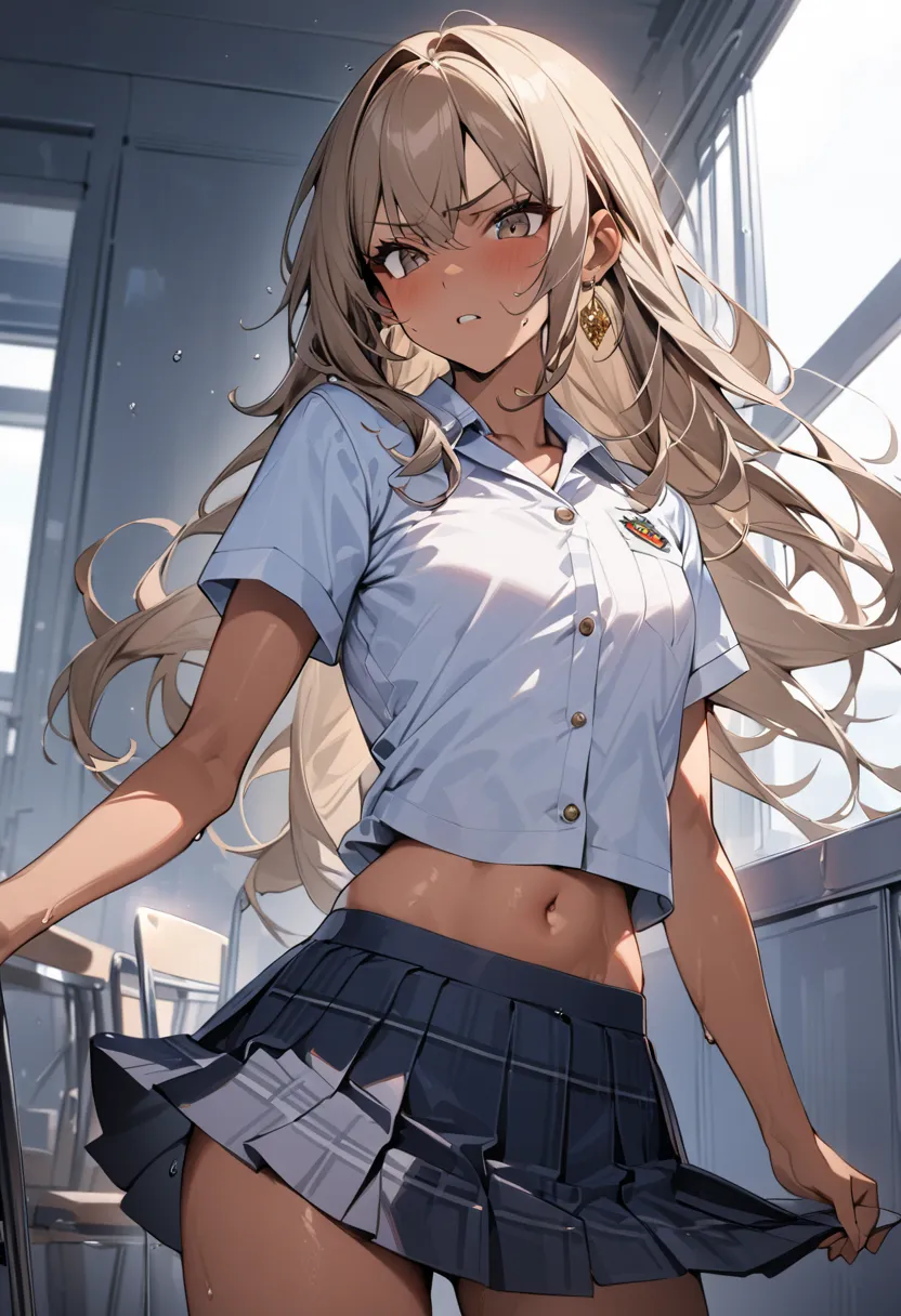 ((greatest masterpiece,Ultra High Quality:1.2)),(super resolution),(solo),cowboy shot,Slender, small-breasted Yankee high school girl standing in school,beautiful face, healthy tan skin ,Light brown long hair,Perfect brown eyes, serious expression,WHITE SC...