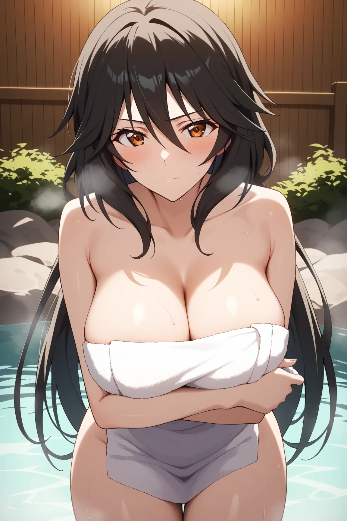 masterpiece,best quality,{{detailed beautiful face and eyes}}, very detailed background,
Chifuyu Orimura,{{{megami magazine}}},long hair,black hair,bangs,hair between eyes,brown eyes,large breasts,
((naked towel)),cleavage,
1girl,(is embarrassing,big blush...