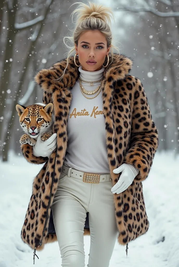 beautiful tanned polish woman, wearing a designer fur puffer long leopard print jacket , and white turtle neck dress underneath the coat, write "AnitaKenig" with glitter on dress (t-shirt tucked in) ) tucked in the dress inside underneath white leather pan...