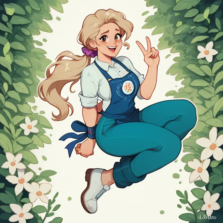 Lucy is a mature woman with long dirty‐blonde ponytail and brown eyes.

Her usual outfit is a V‐neck cobbler apron with a floral motif that she wears over a light‐green blouse with mid‐sleeves, blue capri pants, and white shoes. Her hair is tied up with a ...