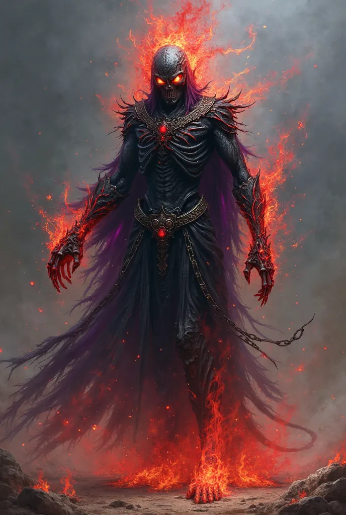 Xal’Zyron is a phantasmal entity of seething wrath, his form a shifting mass of blackened smoke, ember veins, and spectral fire. His skeletal visage, wreathed in crimson and violet flames, bears hollow, burning eyes—voids of endless fury. MAKE HIM LOOKS LI...