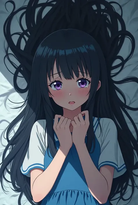 Japanese anime style　ultra-high definition　８ｋ　 Desperate face、 in bed I'm holding my smooth straight hair with both hands。、  looking at the camera 、、Cute、Japanese anime women 、Selfie　(( Her long hair scattered on the bed .!!!!!))　(( Her hair is straight !!...