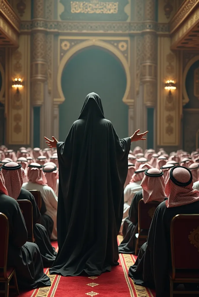 A mysterious Man wearing a black rob and hoodie preaching to a group of saudi muslim men in traditional dress inside a auditorium.cinematic.