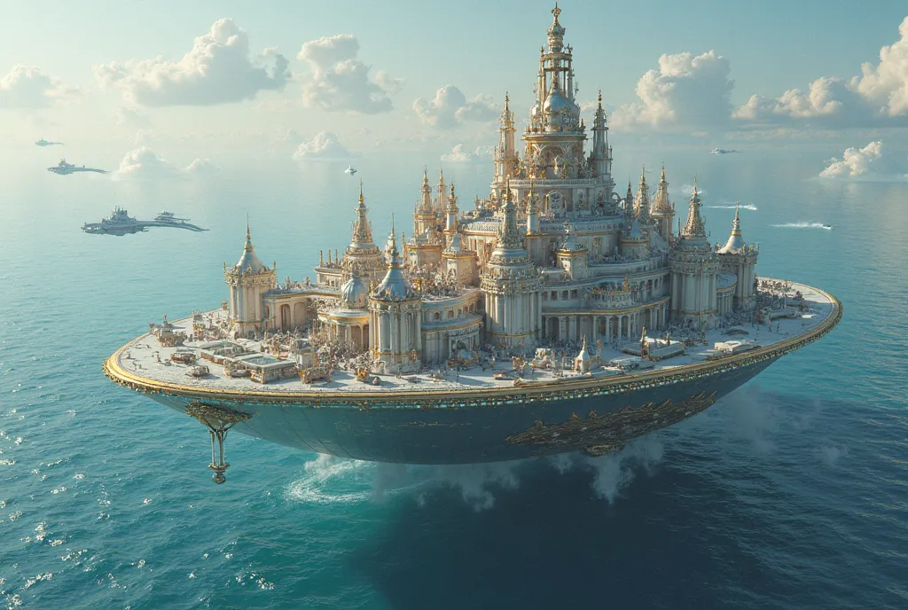 Glorious silver city, decorated with gold trimming, it's suspended over the ocean on a small ball bearing about the size of a pinball, craftsmanship, aura of magic emanating from it, flying yachts, flying ships