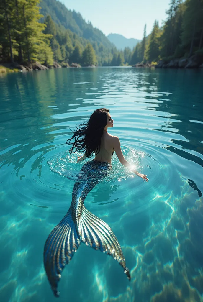 Crystal clear, bright, beautiful, enchanting blue lake with a gorgeous mermaid with black hair. High resolution, realistic