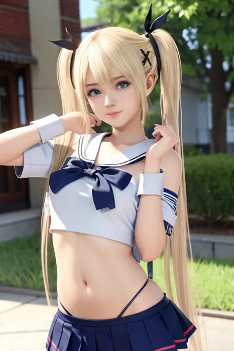 Marie rose, twin tails, blonde hair, best quality, school outfit,, slight smile, shy face,