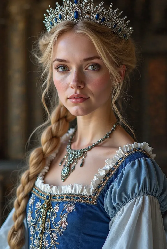 woman wearing blue and white medieval royal dress, sapphire-studded necklace, long braided blonde hair, brown eyes, slightly rounded face and full pink lips, sapphire-studded princess tiara, white skin, 20s, full body view