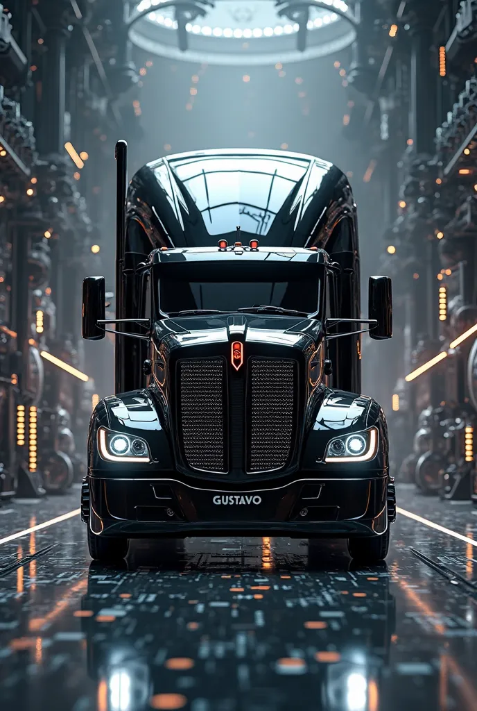   Kenworth modern black truck standing on black electronic circuits and white light, pistons and gears in the background, with a sign with white letters highlighting the name 'GUSTAVO'