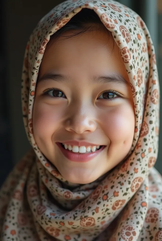 Amazing photo of a girl wearing hijab,((smile)), highres, high definition quality, realistic), one Indonesian, ((hijab)), open mouth smile at viewer, (white skin texture), POV shot, 8k uhd, dslr, soft lighting, high quality, film grain, Fujifilm XT3, cover...