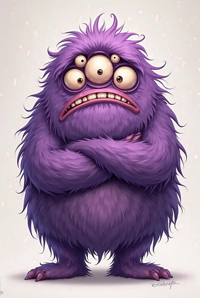 Purple cartoon, hairy with 5 eyes of displeasure with arms crossed and mouth of dislike 