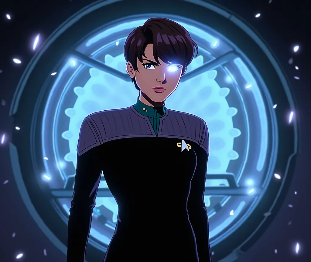 Star Trek, Starfleet, Female, 30, with a cybernetic eye, standing in front of the warp core in a starfleet star ship, as a anime character, black DS9 uniform with gray shoulders and teal collar