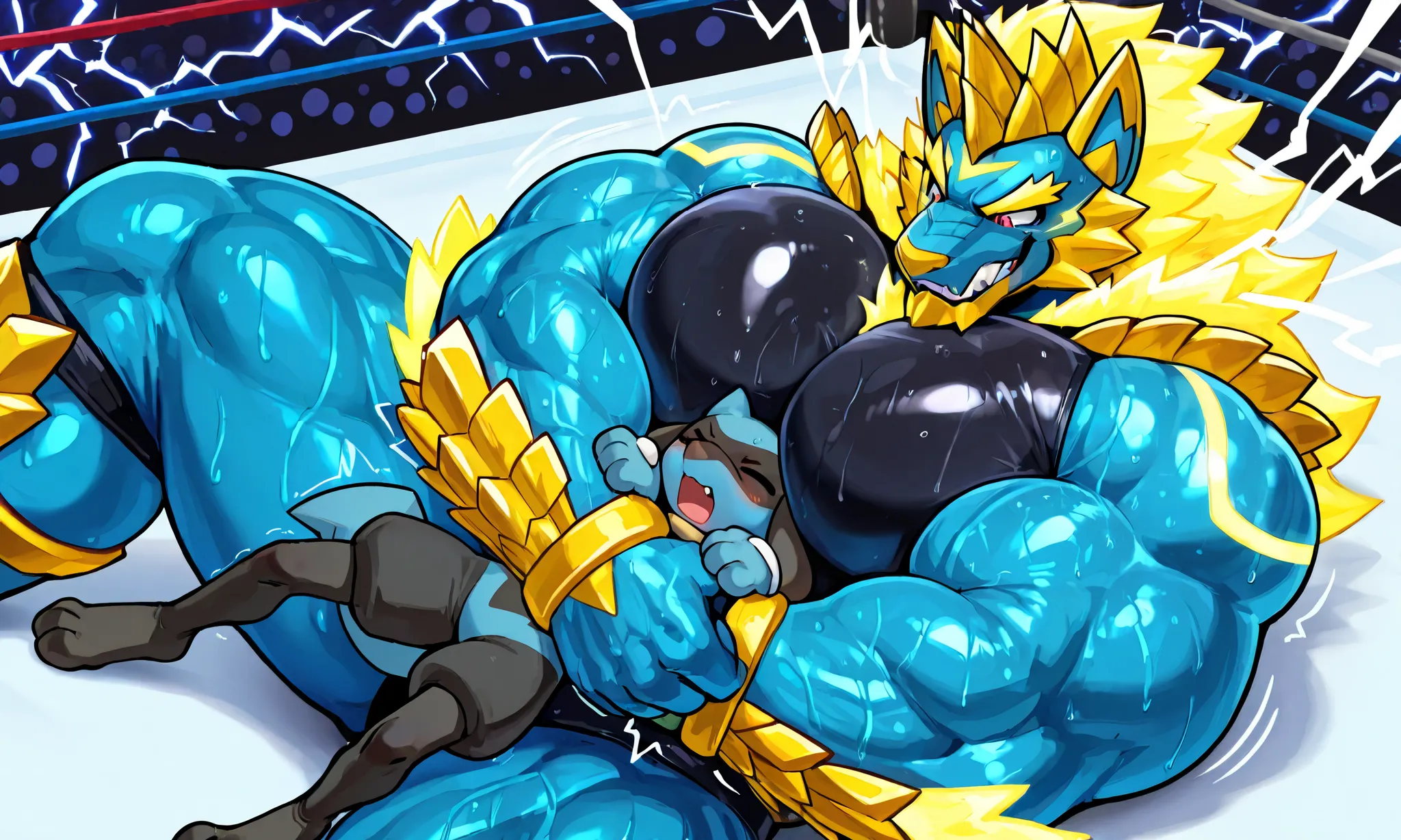 giant zinogre wrestler, small feral riolu, wresling, submission hold, [zinogre:lying on back, head lock, crossing arms, hugging, arms around neck, heavy weight bulky fat, giant plump muscular body, thick arms, big pectoral muscles, venis popping, evil grin...