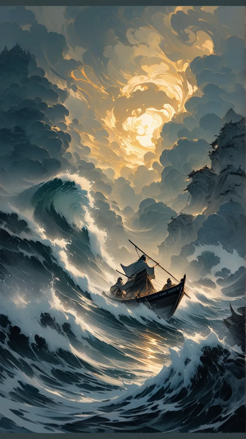 "Master piece, Ultra detailed, Best quality A stunning digital painting in the style of ancient Chinese ink wash art, depicting a small boat drifting amidst a fierce storm. Towering waves crash, the wind howls, and the sky is shrouded in thick, ominous clo...