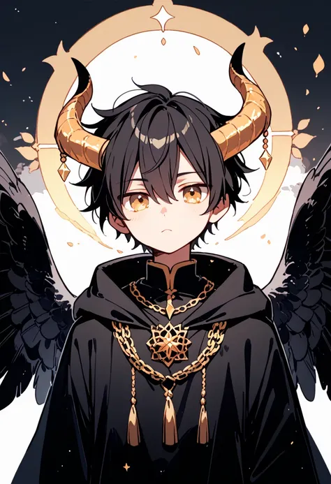 Male + black hair + golden eyes + 2 horns (black) + black cloak (golden accents) + black tunic + 2 pairs of wings (black) (feathers) + solo