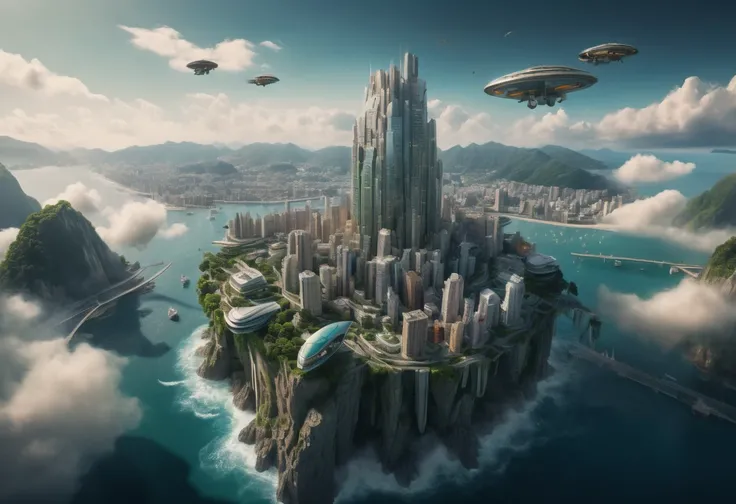 epic realistic, RAW, analog, A full portrait of stunning scenery of ((flying island with metropolis on it) ) skyscrapper and flying vehicles, natural look,   masterpiece that captures the essence and marvel of the floating on air city and modern sci-fi, ((...