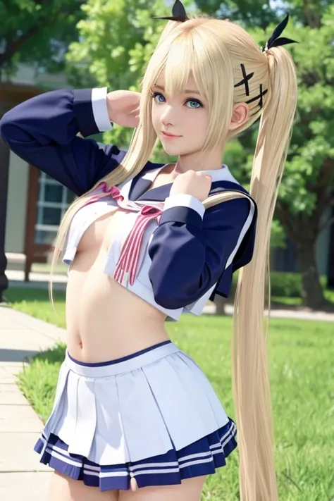 Marie rose, twin tails, blonde hair, best quality, school outfit,, slight smile, shy face,