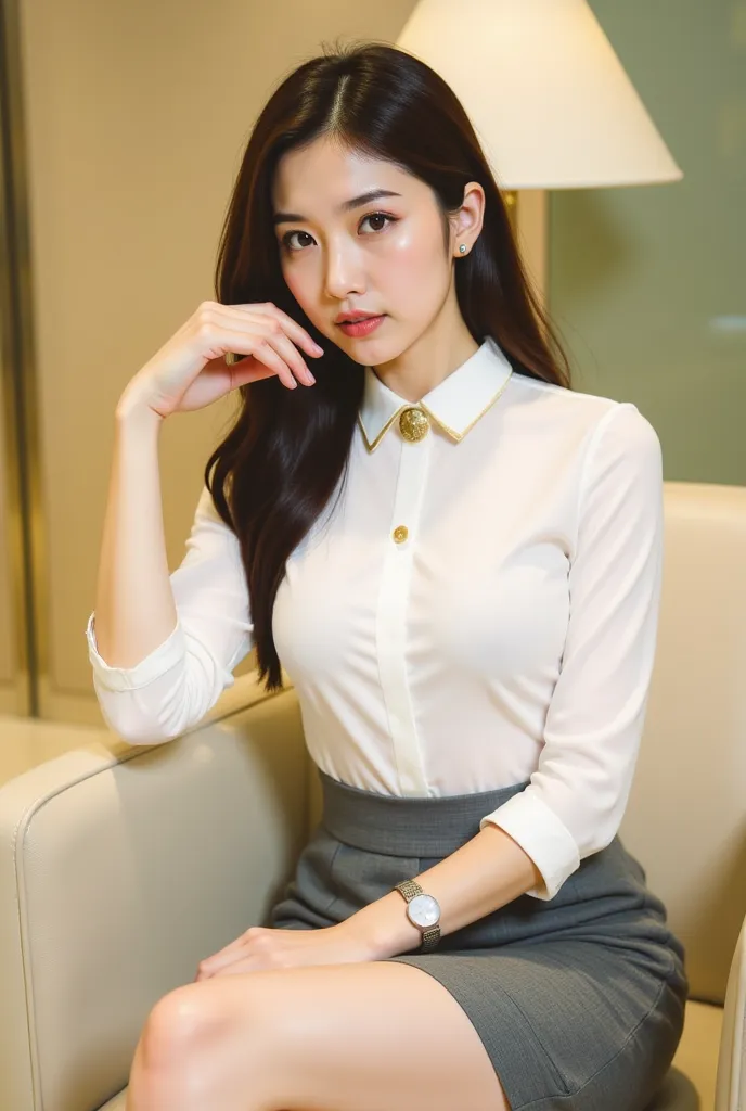 a young woman seated on a light-colored chair in an indoor setting, likely an office or lounge. She has long, dark hair styled neatly, and her expression is poised and confident. She is dressed in a professional yet stylish outfit, consisting of a white bl...