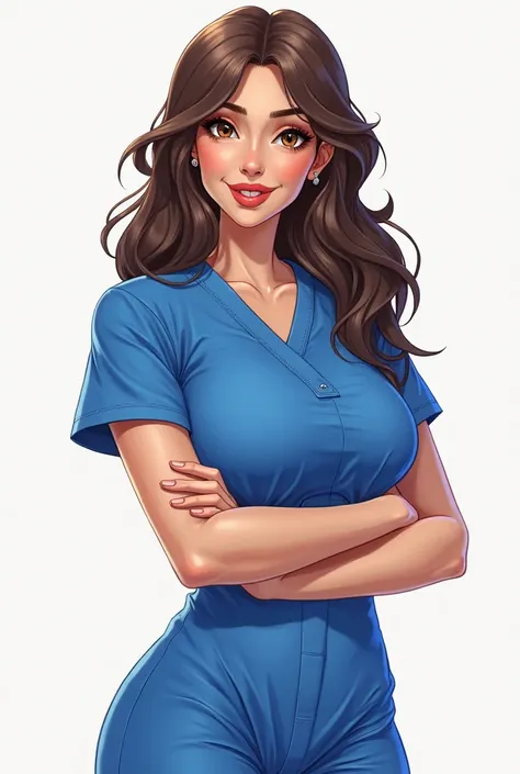 A female physical therapist character wearing a royal blue uniform. Standing sideways with arms crossed and looking forward. Clear skin with Arabian features with small lips, split chin and dark brown eyes. Loose and long wavy brown hair shaved on half sid...