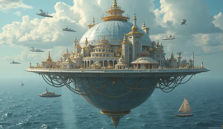 Glorious silver city, decorated with gold trimming, it's suspended over the ocean on a small ball bearing about the size of a pinball, craftsmanship, aura of magic emanating from it, flying yachts, flying ships, ultra-detailed, vivid colors, dramatic light...