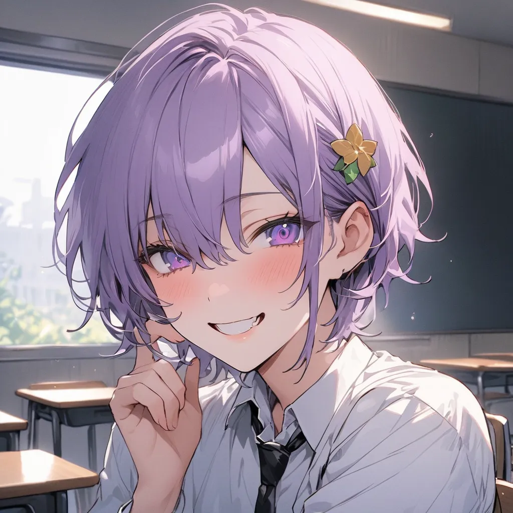 High Resolution, masterpiece, high quality,  purple hair 、 purple eyes、 Center Split Hairstyle、solo, 男子 high school student1人、uniform、boy、, droopy eyes, have twinkling eyes,  watching viewers、Look at the characters from a little above、黒のuniform、Mainly Face...