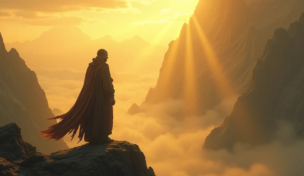 A Stoic philosopher stands atop a high mountain, gazing down at a world swallowed by golden mist, as beams of light pierce through the chaos like a symbol of hope.