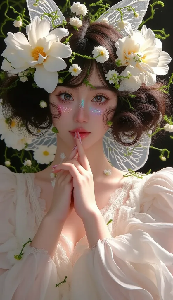 a beautiful girl wearing a flower crown and cotton wings, intricate butterfly wings, elegant and graceful posture, detailed and delicate facial features, Naruto's porcelain skin, Soft light, magical and dreamy atmosphere, quiet forest background, vibrant c...