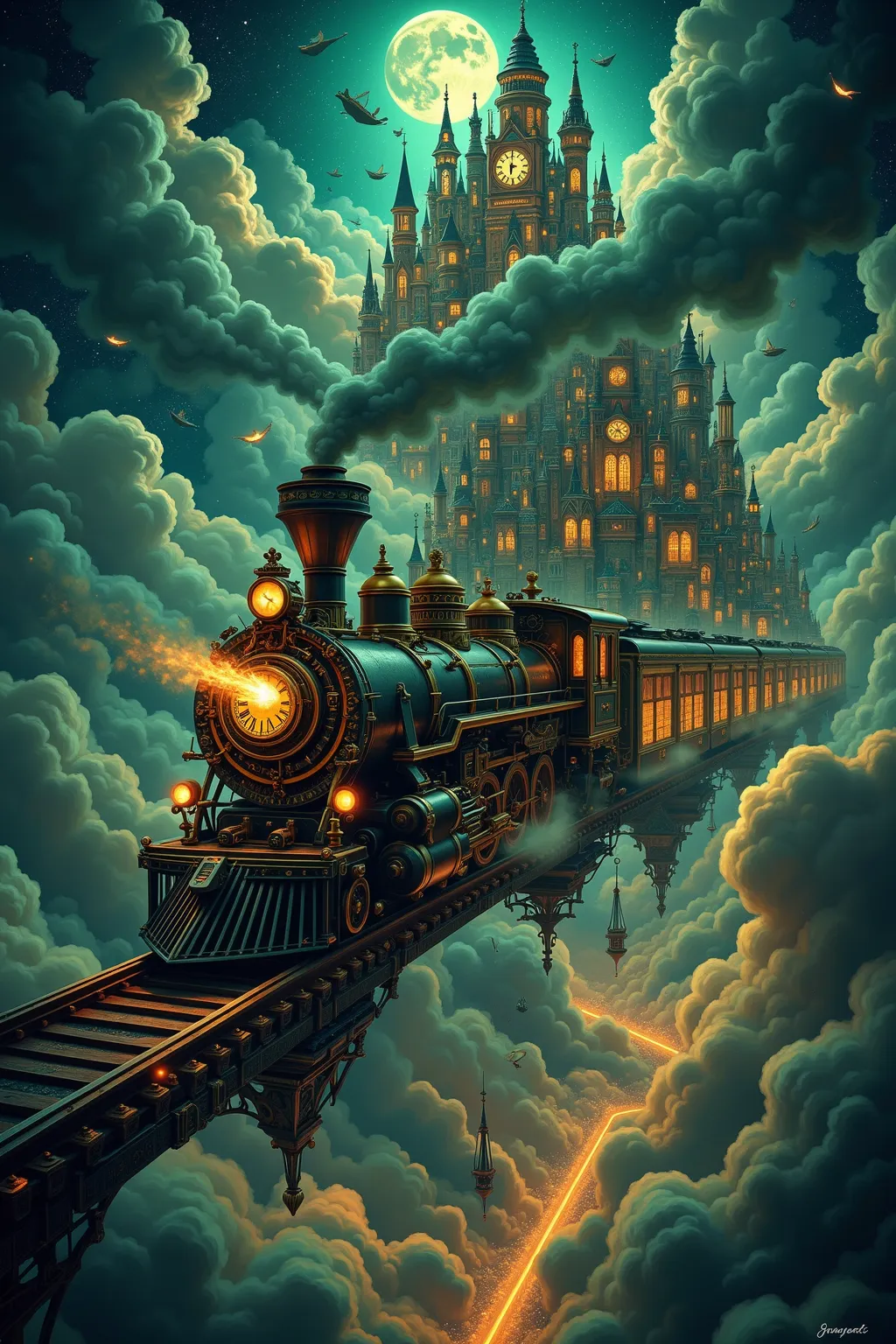 (Under a velvet sky pierced by the light of distant stars, a colossal steam locomotive snakes its way along an ancient track suspended in the void. Built from the darkened steel and gleaming brass, this mechanical beast breathes fire and mist as it powers ...