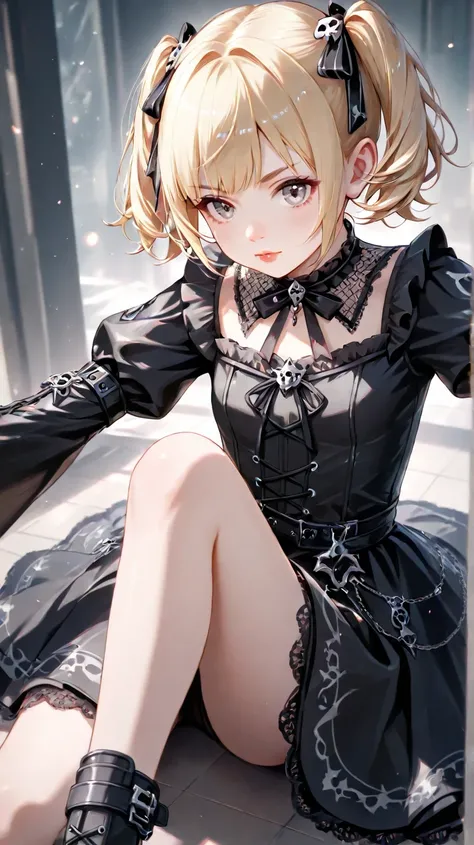 (Best Quality、masterpiece、Very detailed、One Girl、Cute Face、Silky Short Blonde、(((Short hair in twin tails、Short Bob Twin Tail)))、Grey Eyes、From the knee up、Gothic Fashion、Very detailed目、Small red cheeks and nose、Cute Face、