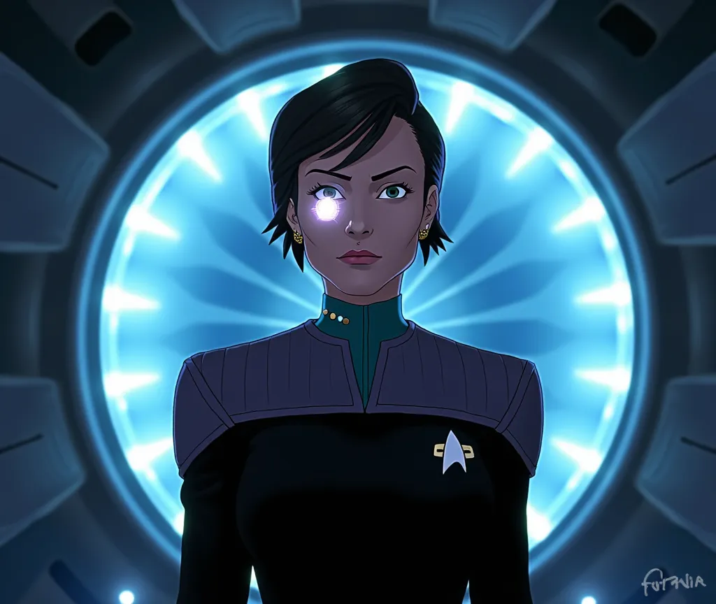 Star Trek, Starfleet, Female, 30, Talaxian, cybernetically enhanced by the Borg with a cybernetic eye, standing in front of the warp core in a starfleet star ship, as a anime character, black DS9 uniform with gray shoulders and teal collar