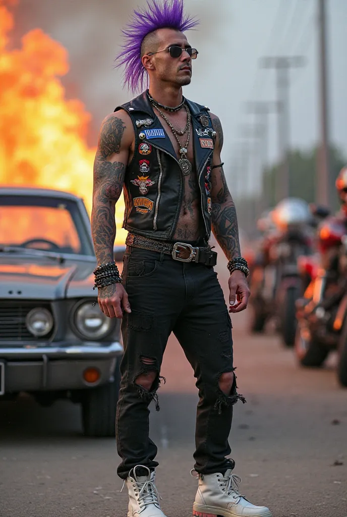 Man two meters and twenty tall, thin, purple mohawk hair,  tattoos on both arms, All skulls and demons tattoos, wearing vest with various motorcycle club symbols, symbol of anarchy on the left chest, black pants torn at the knees, white lace-up boot. A car...