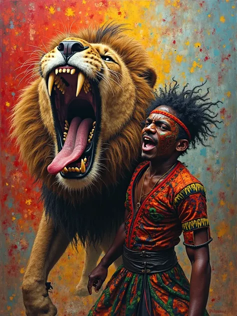 Expressionist-style painting a saber-toothed lion with large fangs, with an open mouth and trapping in his jaws a dancer from Los Negritos de Huánuco. El bailarín lleva la máscara negra con labios reds y el traje colorido, full of embroidery and typical da...