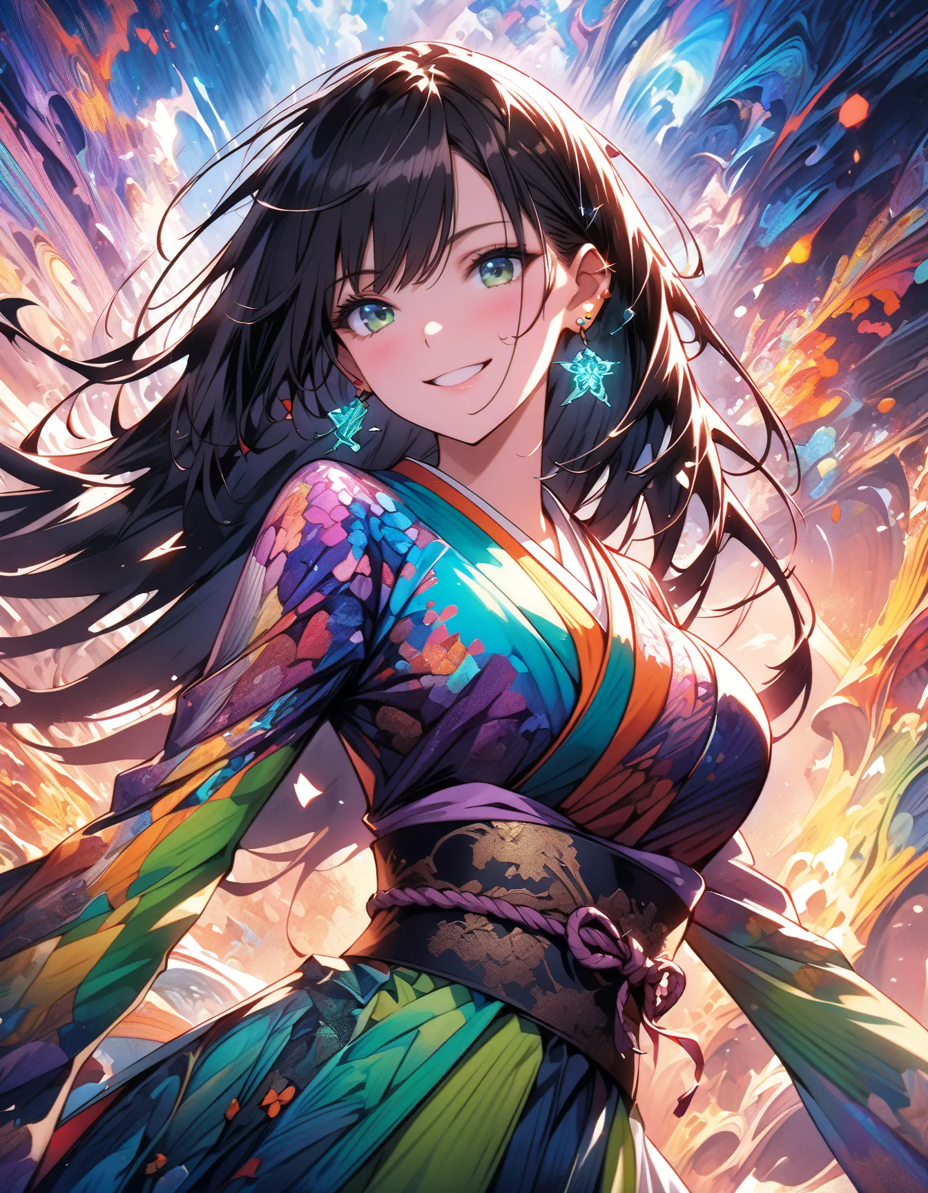 (masterpiece、Highest quality、Highest quality、Official Art、Beautiful and aesthetic:1.2)、(One Girl:1.3)、Black-haired、Straight Hair、smile,big breasts,Align your bangs、Very detailed、(Fractal Art:1.5)、(colorful:1.2)、Highest detail、(Tangled:1.2)、(Dynamic Pose、si...