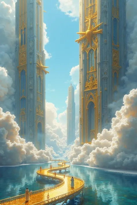 A heavenly landscape with massive golden and blue towers in a futuristic and gothic style, floating among fluffy, glittering clouds under a clear blue sky. Golden paths with ornate details extend between the towers, reflecting in crystal-clear water. Peopl...