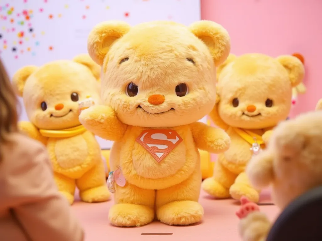 (((butterbearv1))), (((teddy bear))), "A group of cute, golden, butter-textured bear with a warm, friendly expression, dressed in a Superman costume. The bear has soft, fluffy fur resembling a freshly baked pastry. They are standing in front of the room an...