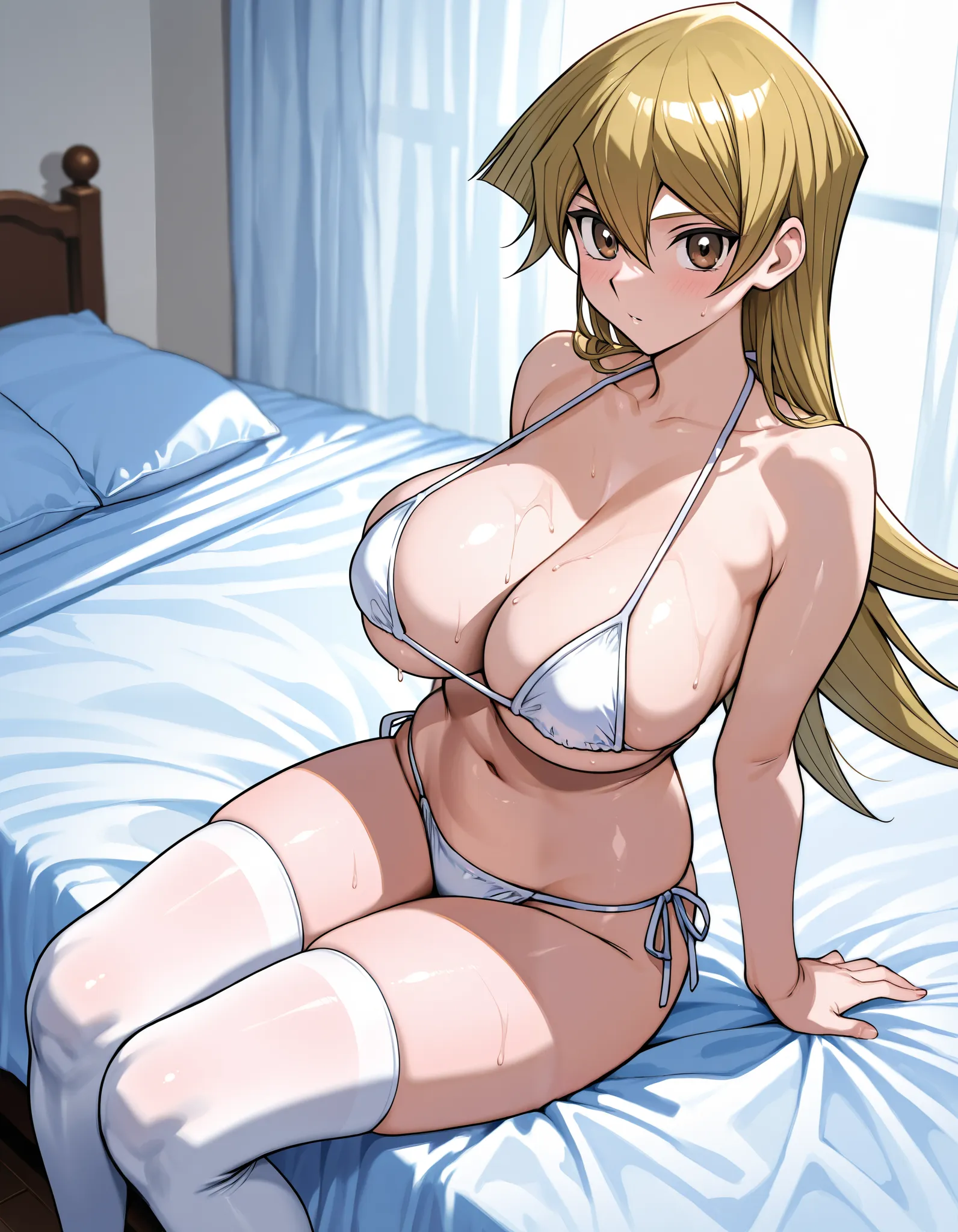 highest quality、white super micro bikini、white high socks、Tenjouin Asuka、Yu-Gi-Oh! GX、blonde hair、brown eyes、long hair、Big Breasts、Big Breasts、Big Breasts、A white bedroom、 sit on the bed