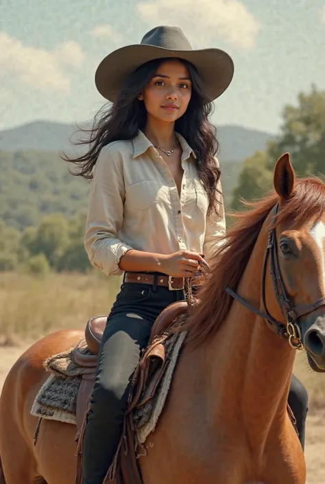 A 17-year-old girl dressed in black pans tennis a denim hat black hair white blouse riding a light brown horse that is on her back and that she is Mexican and that looks super natural 