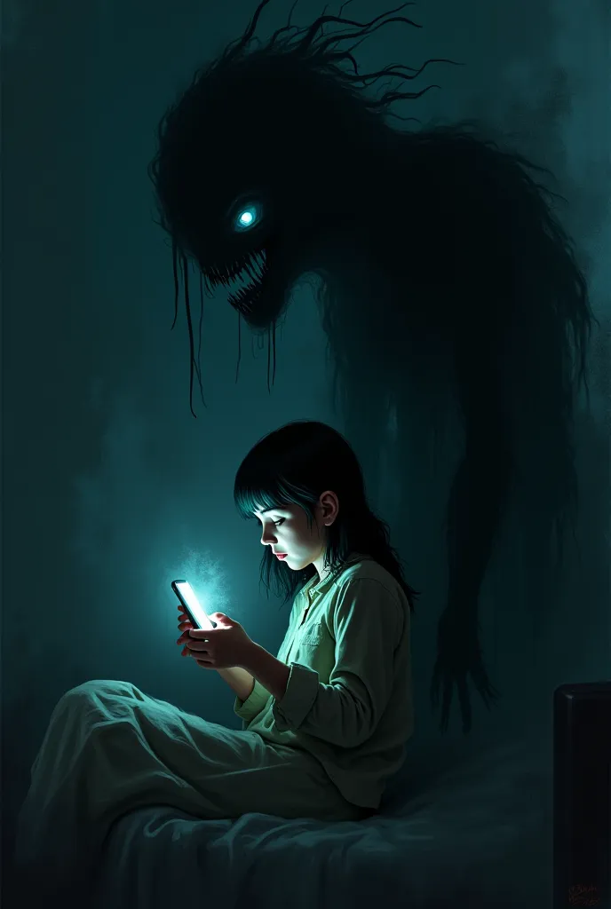 Can you make me a terrifying image of a monster from the dark who whispers the name Mariana. That it is in Mariana's room that Mariana is on the cell phone