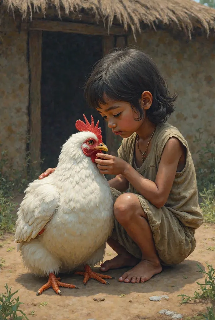 A poor girl sits with her very large white hen, which has not yet laid any eggs. In the background, there is a simple village hut.