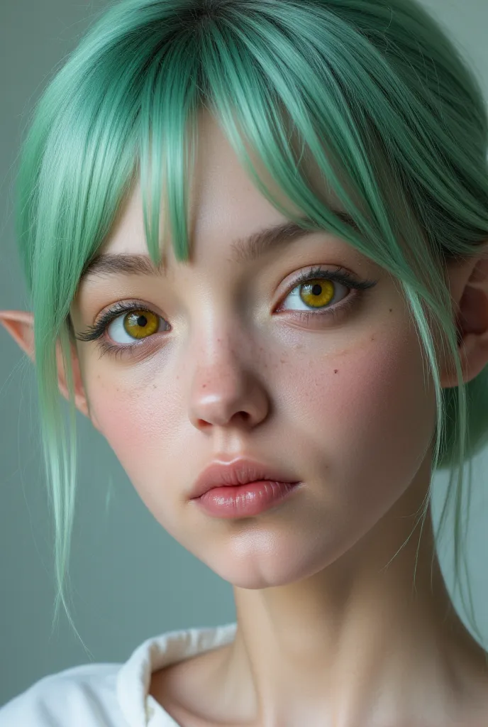 preadolescente, with pointed ears, yellow eyes and eyeliners, short mint green hair up to the jaw, makeup collected in a half tail, fine features, pretty, pale.