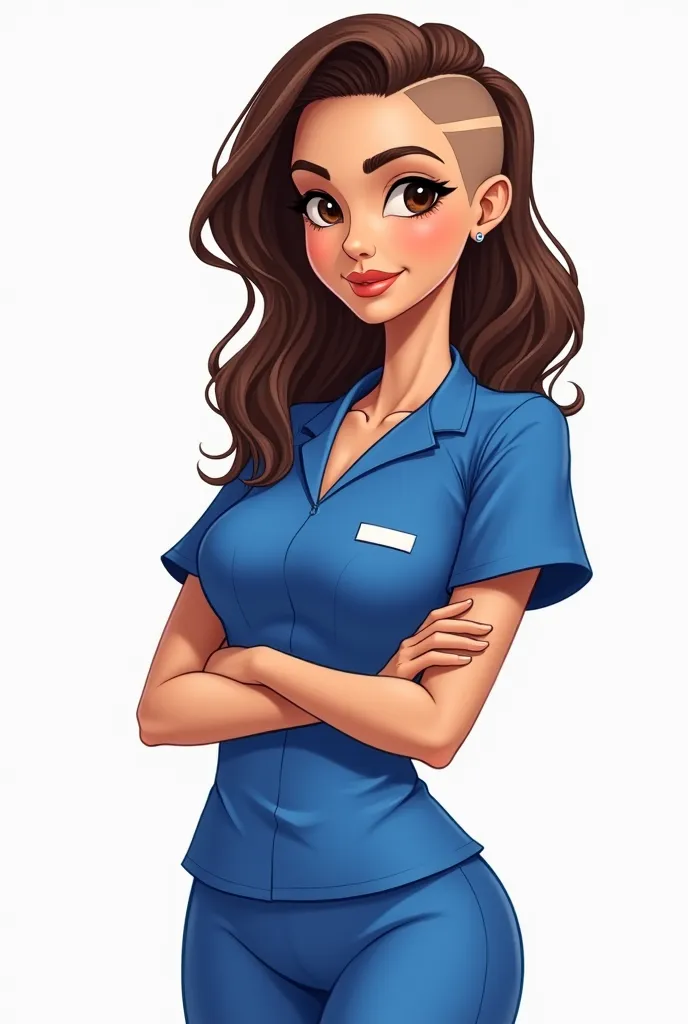 A female physical therapist character wearing a royal blue uniform. Standing sideways with arms crossed and looking forward. Clear skin with Arabian features with very small lips, split chin and brown eyes with pronounced dark circles. Loose and long wavy ...