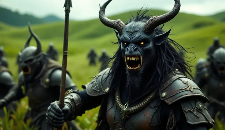 Close up of a woman's face, Waitgoo in 3/4 profile. The face fills the frame. Real life photo, close up, front view, beautiful black-skinned charr in armor facing the viewer with a spear in his hand, other charr warriors standing on either side of him, bat...
