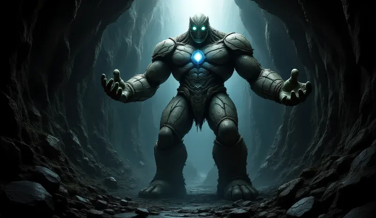 The time point is in the fantasy medieval times. A huge stone golem about 2.5 meters tall stands in the cave. The golem's eyes are shining, and a glowing crystal is on its chest. The golem stands with its hands raised high to show its potent threat, super ...